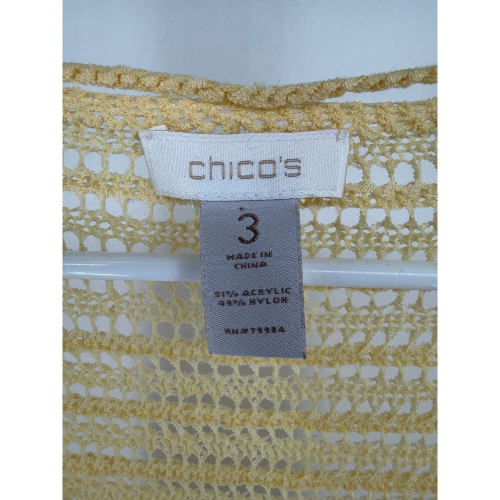 Chicos Yellow Open Knit V-Neck Tassel Tie Sweater Top Size 3 XL Boho Crochet - Picture 2 of 4